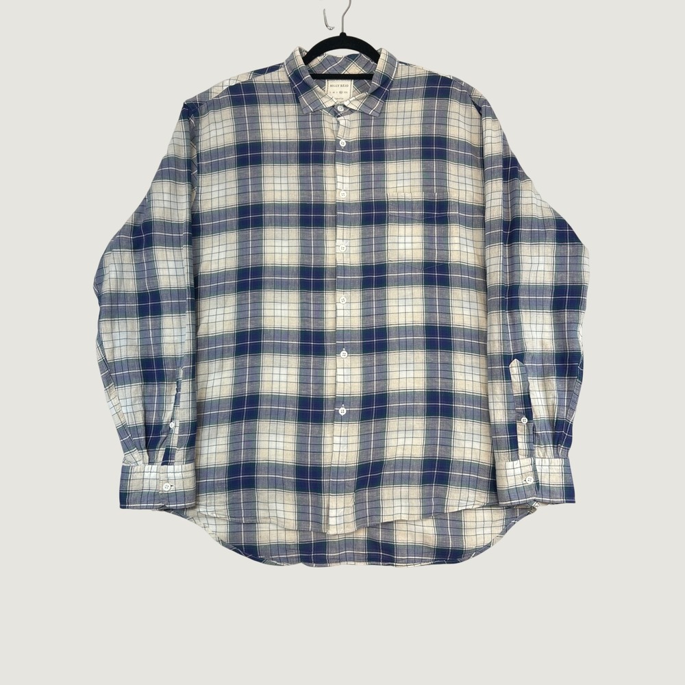 Billy Reid Shirt Mens XL Blue Cream‎ Plaid Cotton Linen Button Down Standard Cut